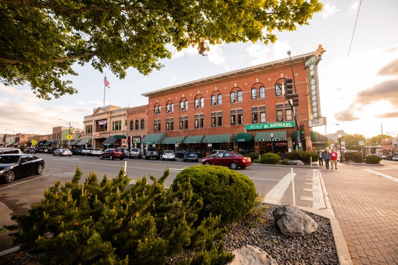A scenic view of historic buildings in downtown Prescott, AZ.